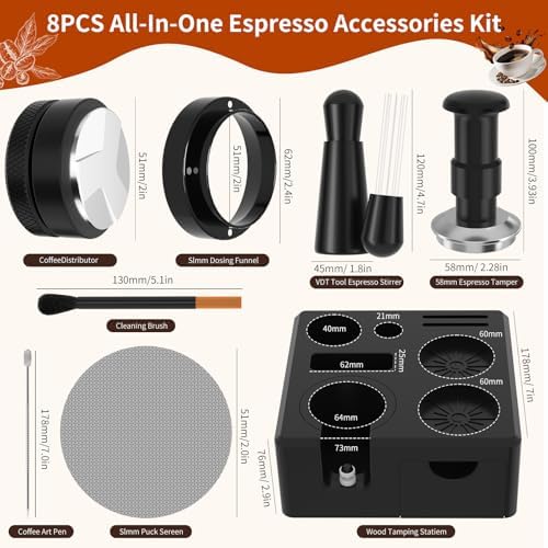 8 PCS Espresso Accessories Kit,54mm Espresso Tamper,Includes WDT Tool,Tamping Station,Dosing Funnel,Distributor,Puck Screen,Stirrer,Brush,Latte Art Pen,Barista Kit - Image 2