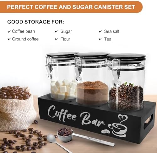 MACIFECI Glass Coffee Containers with Shelf Coffee Station Organizer 54oz Black Glass Coffees Bean Storage Canister with Spoon Coffee Canister Set Kitchen Food Storage Jars for Coffee/Sugar/Candy - Image 4