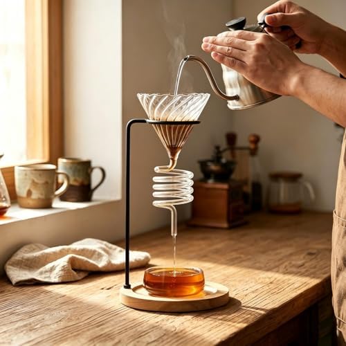 Coffee Dripper Stand Portable Pour Over Dripper Station Metal Wooden Stand with Easy Assembly Suitable for Home Office, Wood Color - Image 4