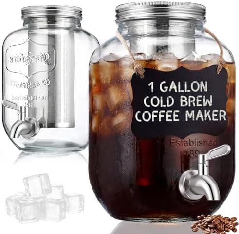 2 Pack 1 Gallon Cold Brew Coffee Maker Iced Coffee Maker with Stainless Steel Filter, Lid & Spigot Heavy Duty Glass Cold Brew Pitcher Drink Dispenser Thick Iced Tea Pitcher for Fridge by Acellegic