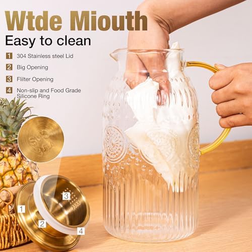 Amzcku Glass Pitcher with Lid 68oz 2L Vintage Water Carafe Beverage 2Pack - Image 5