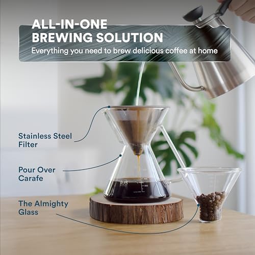 ovalware Pour Over Coffee Dripper Maker Paperless Stainless Steel Filter, Precision Measuring Cup and Carafe with Double Wall Single Lip Insulated Glass Minimalistic Double Wall Drinkimg Mug - Image 4