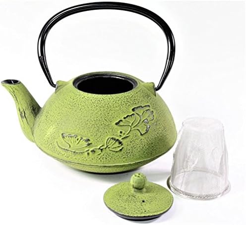 Japanese Antique 24 fl oz Green Ginkgo Leaf Cast Iron Teapot Tetsubin with Infuser by Unknown