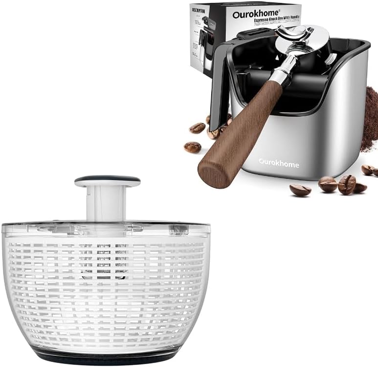 Ourokhome Knock Box Espresso Accessories, The Latest Patented Stainless Steel Espresso Machine Tool for Coffee, Salad Spinner Lettuce Dryer, One-handed Easy Press Large Vegetable Dryer Salad Mixer by Ourokhome