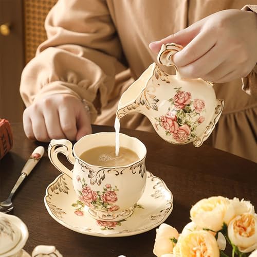 Tea Cups and Saucers Set of 6, 8 Oz Ivory Porcelain Teacups with Pink Rose Floral Pattern, Trim Vintage European Style Teacup Sets with Spoons for Afternoon Tea & Home Entertaining - Image 5