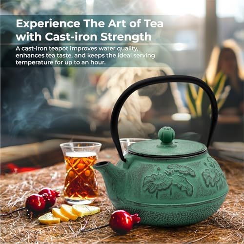 Zen Minded Traditional Japanese Cast Iron Tetsubin Stovetop Teakettle Teapot with Stainless-steel Mesh Loose-leaf Filter for Green Tea & Infusions 900ml Lotus Pattern - Emerald Green - Image 3