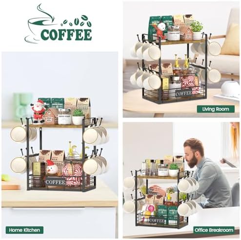 EsLuker.ly Coffee Mug Cup Holder Tree Bar Station Organizer, 2 Tier Mug Stand Rack for Countertop Kitchen, Storage Tower Display Shelf with 12 Hooks, Coffee Nook Enhancer, Vintage Brown Black - Image 6