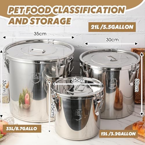 Suclain 3 Pack 304 Stainless Steel Airtight Canister with Locking Clamp Metal Sealed Food Storage Containers for Flour Rice Cereal Grain Coffee Bean and Pet Food (12l+21l+33l) - Image 2