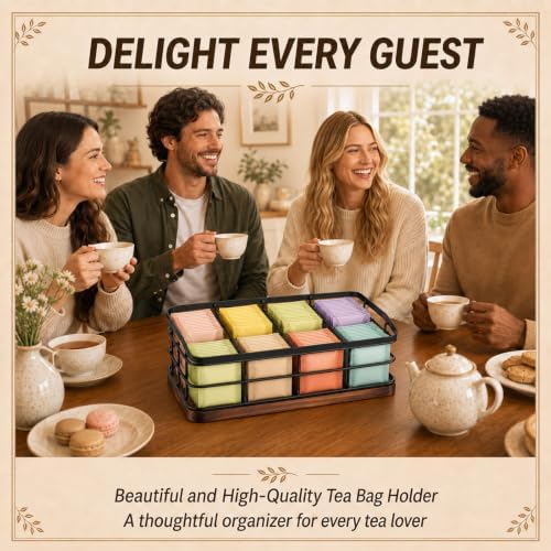 SiliFine 8 Compartments Tea Bag Organizer, Metal Wire with Wooden Base - Image 6