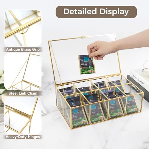Gold Glass Tea Bag Organizer, Tea Box, Tea Bag Container (8 Compartments) - Image 5