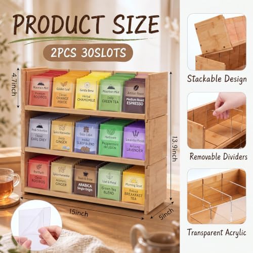 Marsui 2 Sets 3 Layer Stackable Bamboo Tea Bag Organizer Storage Holder and Display Rack for Tea Bag, Teabag Station Stand for Countertop, Kitchen Cabinet Pantry Office - Image 2