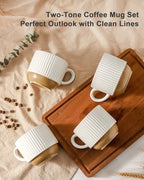 HASENSE 15 oz Ribbed Stackable Ceramic Coffee Mug Set of 4, White & Light Brown Cups with Metal Holder, Dishwasher & Microwave Safe for Cappuccino Tea Hot Cocoa, Wedding Housewarming Gifts - Image 3
