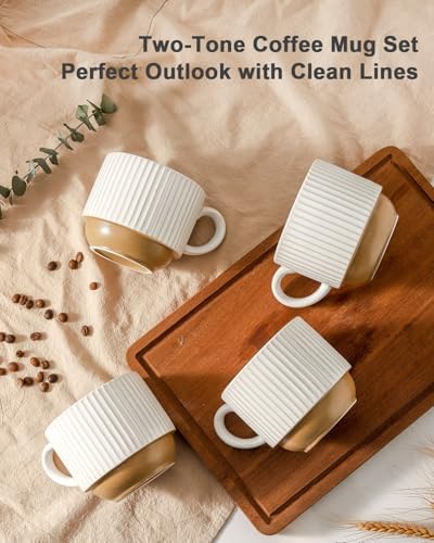 HASENSE 15 oz Ribbed Stackable Ceramic Coffee Mug Set of 4, White & Light Brown Cups with Metal Holder, Dishwasher & Microwave Safe for Cappuccino Tea Hot Cocoa, Wedding Housewarming Gifts - Image 3