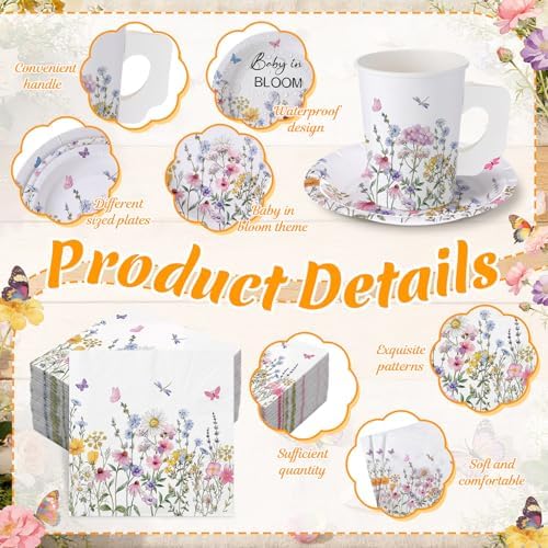 Pickmesh 252 Pcs Baby in Bloom Tea Party Supplies for 36 Guests Wildflower Paper Disposable Dinnerware Flower Teacup with Handle and Saucers Set for Tea Party Decorations Birthday Baby Shower Wedding - Image 3