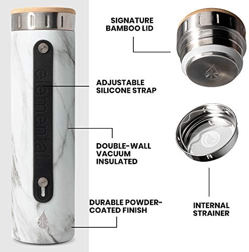 Elemental Iconic Stainless Steel Water Bottle Infuser, 20oz Triple Wall Vacuum Insulated Water Bottle, Reusable Fruit & Tea Infuser Thermal Bottle with Internal Strainer and Bamboo Lid - White Marble - Image 3