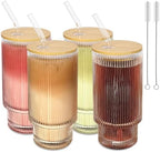 16Oz glasses drinking set of 4,Ribbed Glass Cups With Lids And Straws,Glass Tumbler With Lid for Beer, Juice, Water, Iced coffee Cup,Whiskey by Unknown