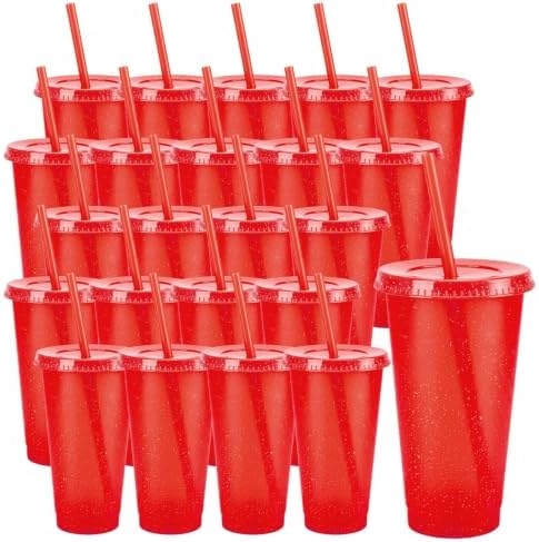 24 Pcs Red Tumblers with Straw & Lid - 24oz Coffee Cups by Pineburg