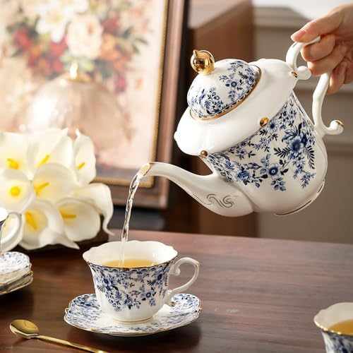 TATSUMI Country Roses Porcelain Tea Set, European Ceramic tea set for adults,Vintage Style, For Women and Tea Parties (BLUE, 13 Pieces Set) - Image 5