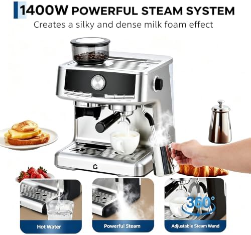 20 Bar Espresso Coffee Machine with Built-in Bean Grinder, Pressure Gauge - Image 7