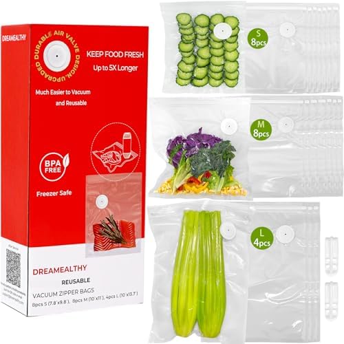 20 Reusable Vacuum Seal Bags for Food, Compatible with Most Handheld Vacuum Sealer, BPA-Free, Sous Vide Bags, Upgraded Sturdy Air Valve (8 Small, 8 Medium, 4 Large), Vacuum Sealer not Included by VacuumFoodCoffeeCanisters
