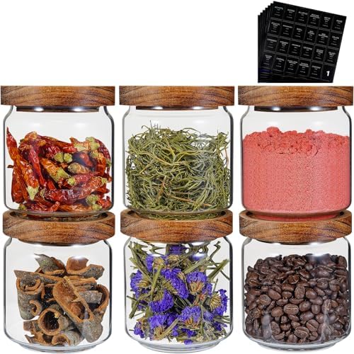 Small Glass Jars with Labels Spice Jar Round Storage Canister with Wooden Lid Clear Glass Food Jar for Pantry Sugar Tea Coffee Bean Spice Nuts Cookies Bath Salts (6 * 420ml(14oz)) - Image 2