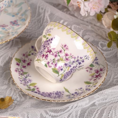 KAMMAK Tea Cups and Saucers Set of 2, 7.4 oz Porcelain Coffee Cups, 573N - Image 6