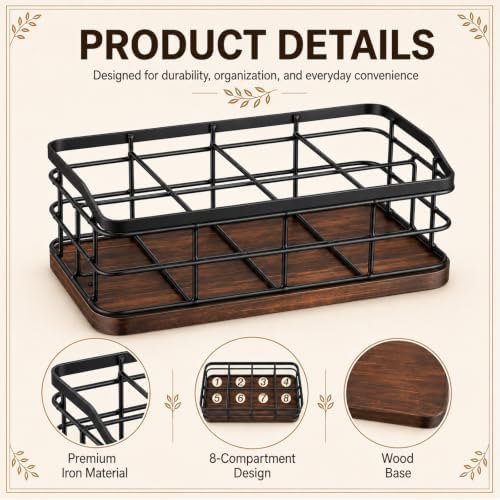 SiliFine 8 Compartments Tea Bag Organizer, Metal Wire with Wooden Base - Image 3