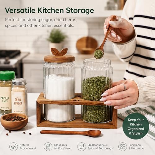 Airtight Coffee Sugar Canister Set, 2 × 34 floz Acacia Coffee Grounds Container with Wooden Lid & Spoon & Base, Espresso Bean Storage, Food Storage Jar for Tea, Sugar - Image 4