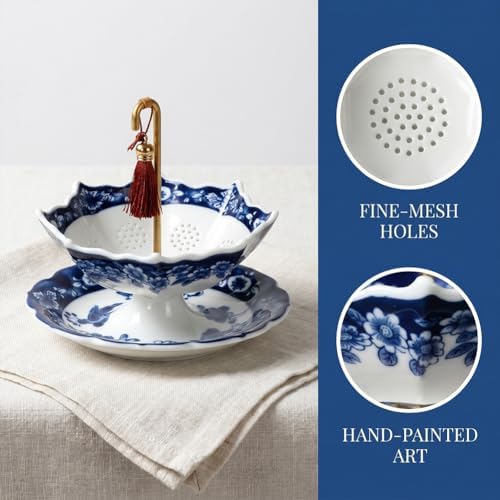 Tea Umbrella Infuser, Ceramic Tea Strainer Umbrella Shape, Blue White Porcelain Loose Leaf Tea Filter with Base, Oriental Kung Fu Tea Diffuser for Brewing (Peony, 2PCS) - Image 4