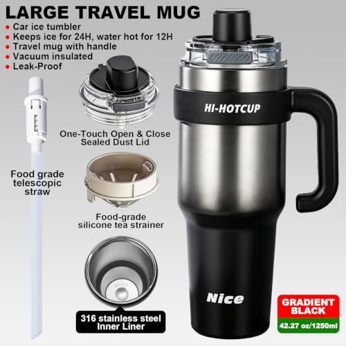 (Gradient Black-316stainless steel inner+ Handle+independent tea utensil+3 drinking mode)Hi-hotcup 40oz Insulated Tumbler with Handle, 316 Stainless Steel Vacuum Travel Mug for Car Office Gym Outdoor - Image 3