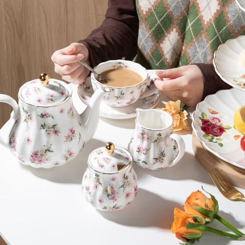 Porcelain Tea Sets British Royal Series, 8 OZ Cups& Saucer Service for 6, with Teapot Sugar Bowl Cream Pitcher Teaspoons and tea strainer for Tea/Coffee with 3 Tier Ceramic Cake Stand - Image 6