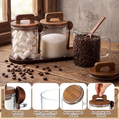 Domensi 3 Set Glass Coffee and Sugar Container Set with Acacia Wood Airtight Wooden Lids, Spoons and Wood Tray, 27 oz Clear Glass Food Storage Jars for Sugar Bean Candy Spice Coffee Bar Accessories - Image 5