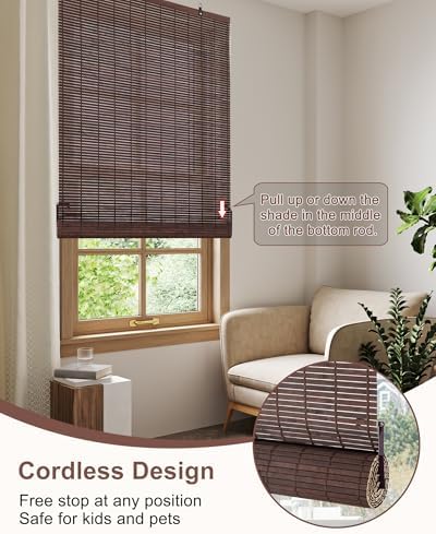 32" W x 72" H Cordless Bamboo Roman Shades for Interior, Coffee - Image 2