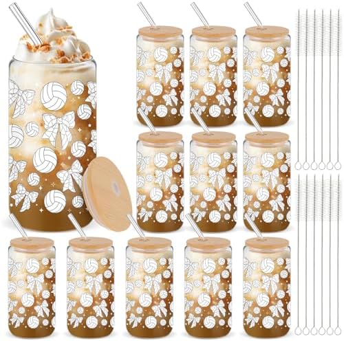 12 Pack 16 oz Volleyball Glass Cups with Lid and Straw Sports Glass Clear Reusable Cups Iced Coffee Drinking Tumbler for Sports Themed Party Favors Team Gifts Birthday Party Supplies by Yetene
