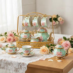 22 Pcs Vintage Porcelain Tea Sets for 6, Green Peony Floral - Image 3