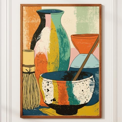Matcha Tea Set Wall Art, Colorful Abstract Kitchen Print with Bowl, Whisk and Vases, Mid Century Boho Decor - A1 23.4x33.1 in (59.4x84.1 cm) by Unknown