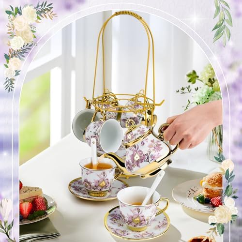 20 Pcs Porcelain Tea Set with Metal Holder,European Ceramic Tea Set - Image 3