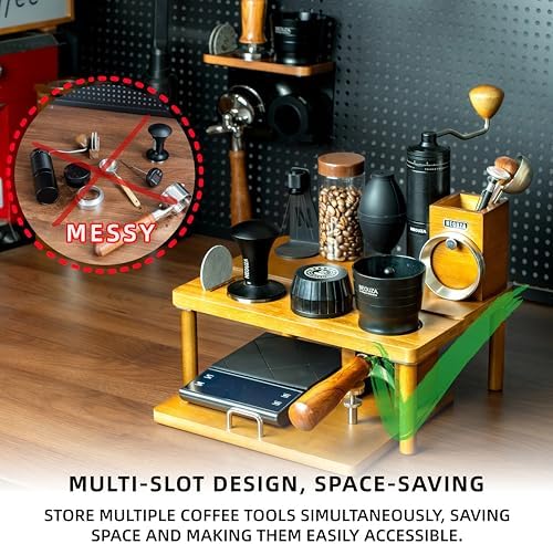 NEOUZA Espresso Organizer Station with Built-in Tamping Stand - All-in-One Bamboo Coffee Bar Workstation, Features Pull-Out Shelf, Storage for Portafilters, Tamper, Distributor & Tools - Image 5