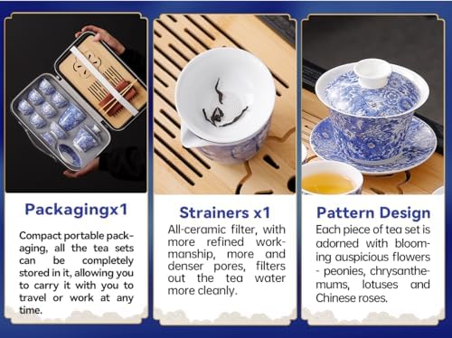 Chinese Tea Set, Gongfu Tea Sets for Adults, Japanese Tea Set, Asian Gaiwan Tea set, Portable Teaset for Home, Outdoor, Office Gifts (Flower Gaiwan 6cups) - Image 4