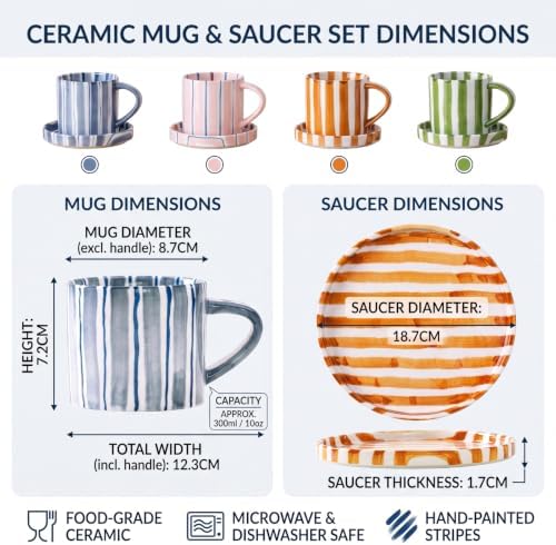 Willinglong 4 Pcs 8 Oz Hand Painted Striped Ceramic Coffee Mug Saucer Set, Retro Cappuccino Cup, Underglaze Safe, Microwave Dishwasher Safe, Gift for Tea Latte Espresso - Image 2
