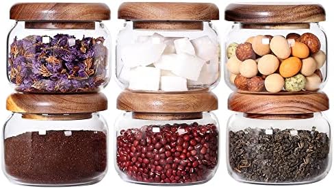 SAIOOL Kitchen Canisters Set of 6-8.5oz Glass Spice Jars With Acacia Airtight Lid and Labels Round Spice Bottles for kitchen Seasoning Baby Food Kids Snacks Meal Prep Containers Candle by SAIOOL