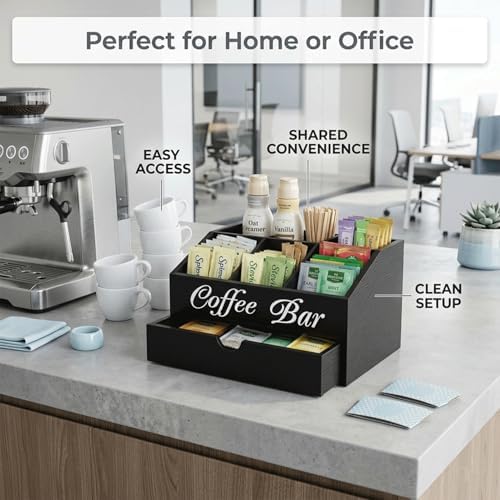Wooden Coffee Station Organizer with Drawer, 5 Compartment Snack Organizer for Countertop, Coffee Bar Organizer for K-Cups, Tea Bags, Condiments & Office Pantry Storage - Image 7