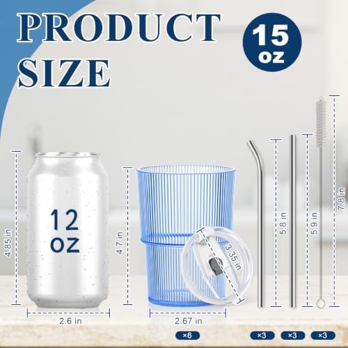 6 Pcs 15oz Plastic Tumblers with Lids and Straw Ribbed Iced Coffee Cups Blue Reusable Plastic Cups Leak-Proof Travel Iced Coffee Tumblers for Home Office Travel with Clean Brush - Image 2