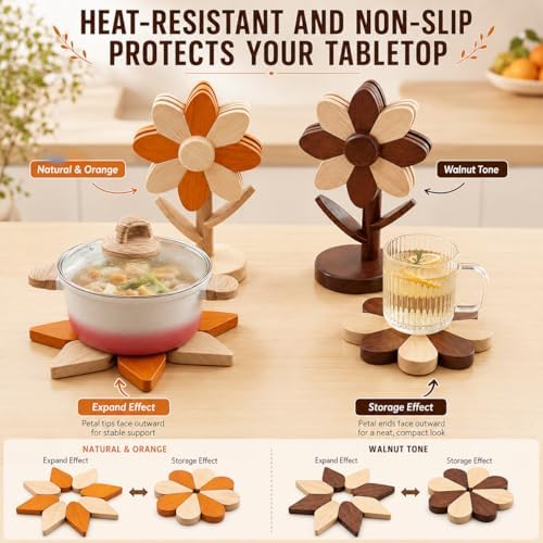 Sunflower Trivets for Hot Dishes, 5Pc Wooden Tree Trivet Stand Set - Image 6
