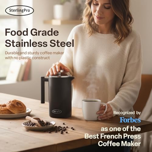 SterlingPro 1.75 L 59 oz Black Extra Large French Press Coffee Maker and 6 Pack Replacement Screens Bundle Stainless Steel Double Wall Insulated for Tea and Coffee - Image 5