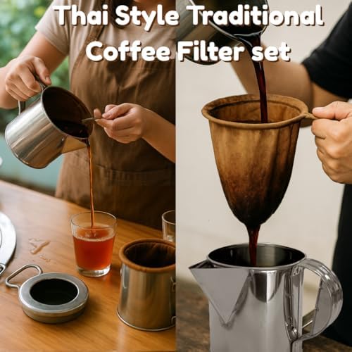 Stainless Steel Thai Tea Pot with Reusable Cloth Filter – Ground Tea Coffee Strainer for Thai Iced Tea, Teh Tarik pulled tea jug & Pour Over Brewing - Image 3