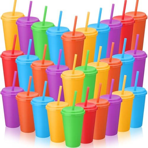 Honeydak 30 Pcs Reusable Plastic Tumbler with Lid&Straw,No Glitter,Solid by Honeydak