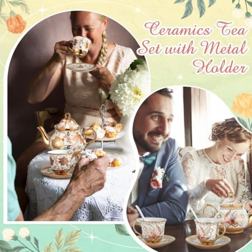 Zhehao 40 Pcs Porcelain Tea Set for Adult, with Metal Holder, Vibrant - Image 6