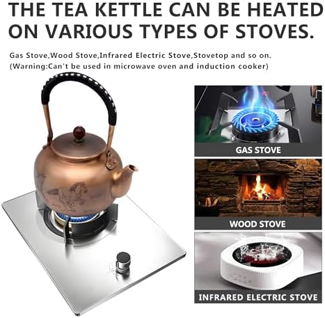 44oz SECHUDO Exquisite Pure Copper Tea Kettle without Coating, Copper Teapot with Tea Ball for Loose Leaf, Japanese Style Classic Tea Pot for Stovetop Safe, Horse Pattern(1300ml) - Image 4