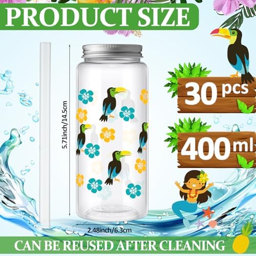 Skylety 30 Pcs Hawaiian Luau Cups 13. 5 oz Summer Tropical Plastic Cups with Lids and Straws Reusable Cute Plastic Tumbler for Hawaii Beach Sea Summer Birthday Party Drinkware Supplies - Image 2